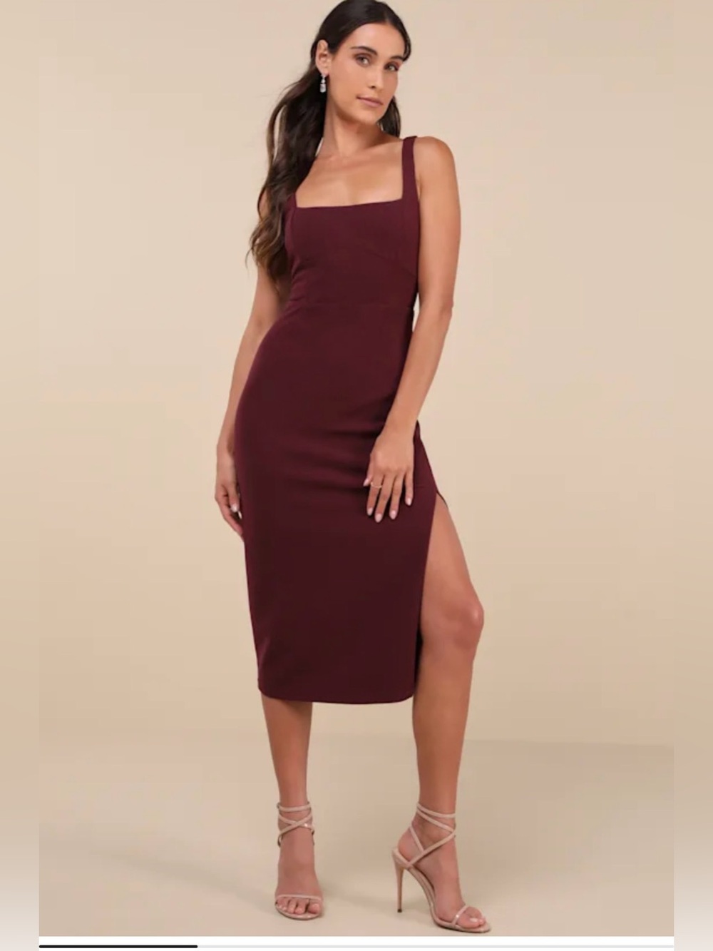 NWT Lulus Square Neck Bodycon Midi Dress in Burgundy with Slit Medium